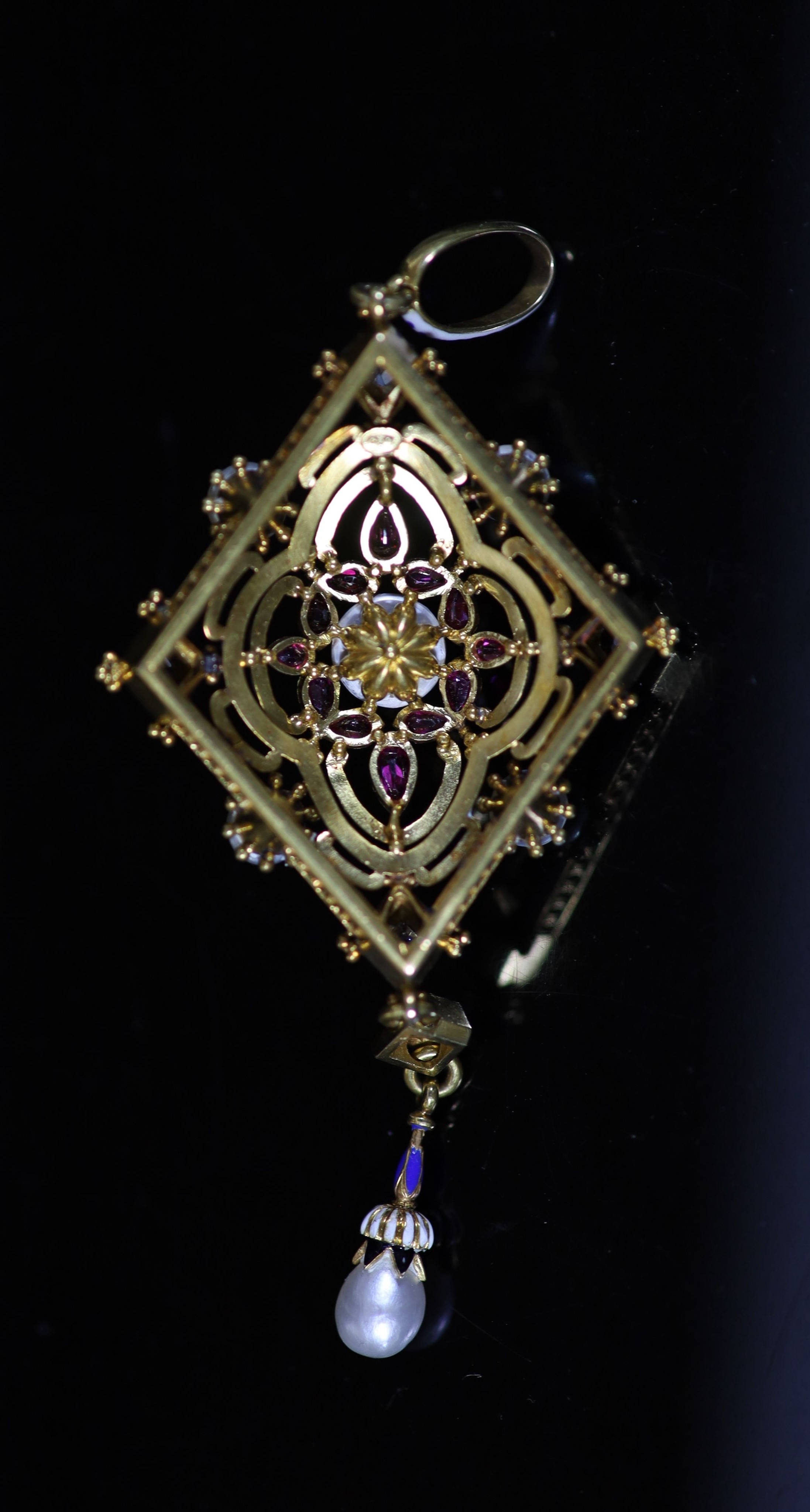 A good Victorian gold, three colour enamel, diamond, ruby and pearl set drop pendant, by Carlo Giuliano, circa 1870